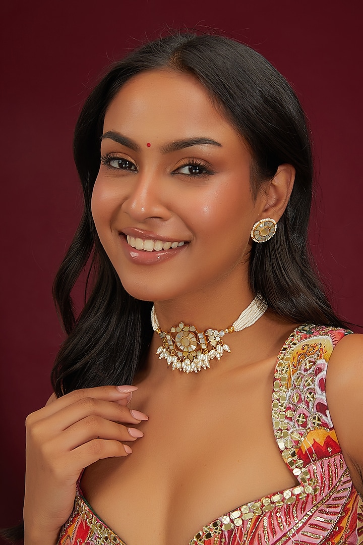 Gold Plated Mother Of Pearl Choker Necklace Set by Shlok Jewels at Pernia's Pop Up Shop