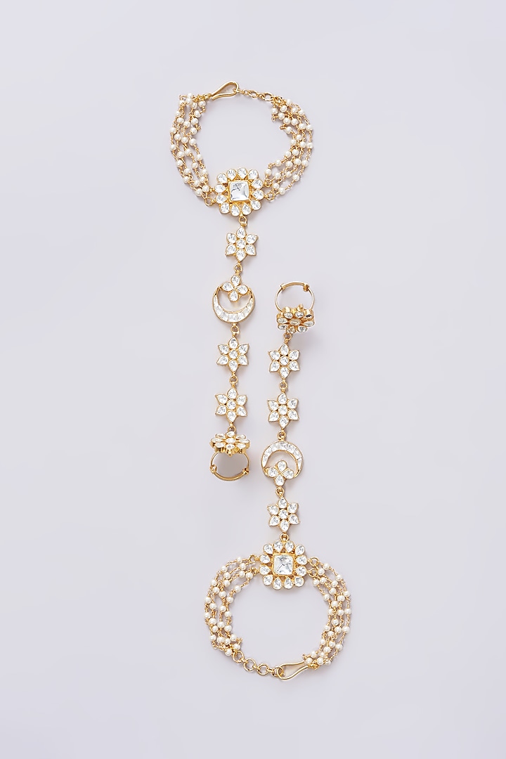 Gold Plated Jadau Kundan Polki Hathphools (Set of 2) by Shlok Jewels at Pernia's Pop Up Shop