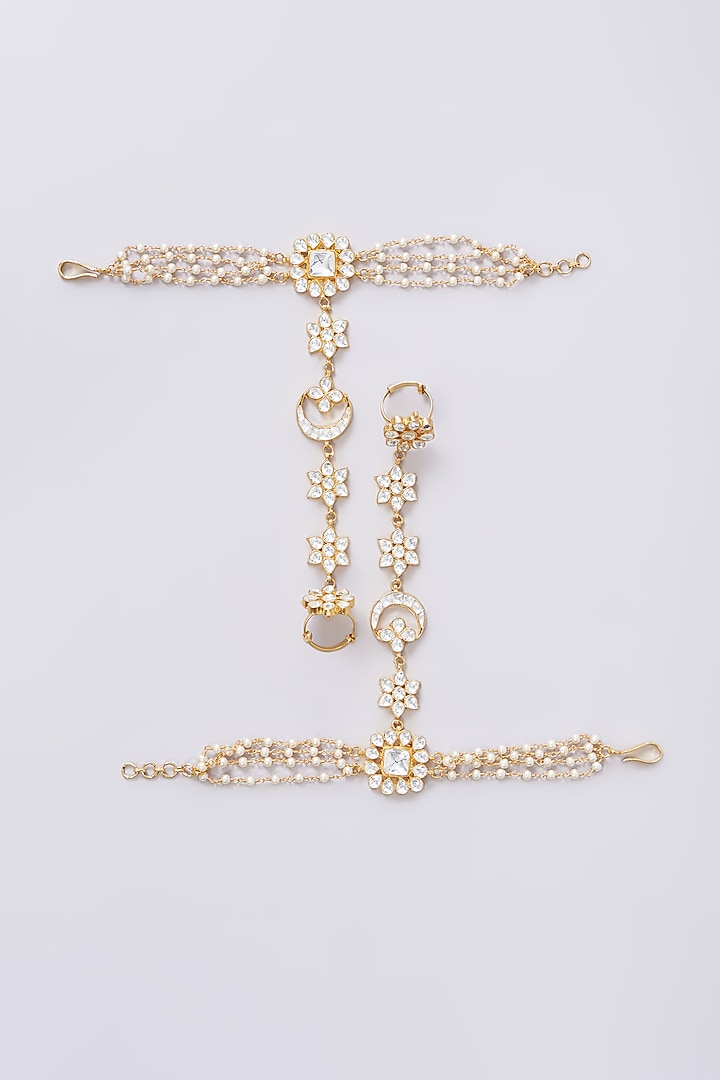 Gold Plated Jadau Kundan Polki Hathphools (Set of 2) by Shlok Jewels at Pernia's Pop Up Shop