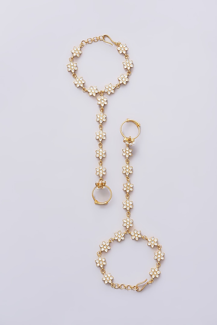 Gold Plated Jadau Kundan Polki Hathphools (Set of 2) by Shlok Jewels at Pernia's Pop Up Shop