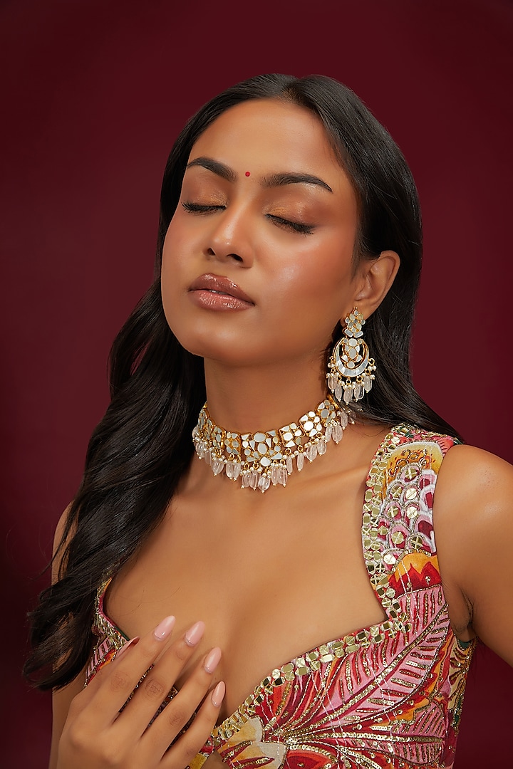 Gold Finish Grey Mother Of Pearl & Kundan Polki Choker Necklace Set by Shlok Jewels at Pernia's Pop Up Shop