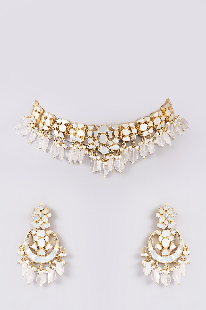 Gold Finish Grey Mother Of Pearl & Kundan Polki Choker Necklace Set by Shlok Jewels at Pernia's Pop Up Shop