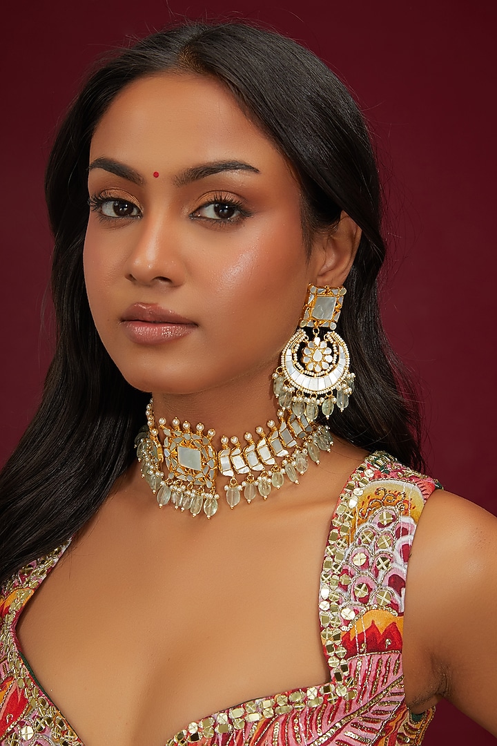 Gold Plated Mother Of Pearl Choker Necklace Set by Shlok Jewels at Pernia's Pop Up Shop
