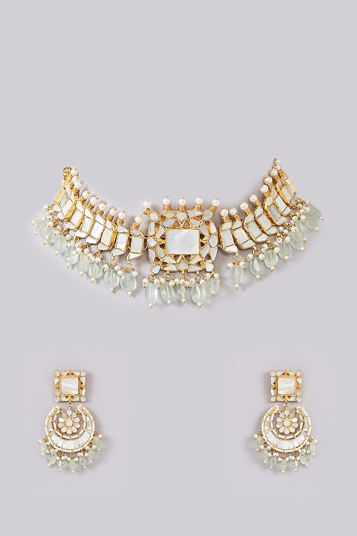 Gold Plated Mother Of Pearl Choker Necklace Set by Shlok Jewels at Pernia's Pop Up Shop