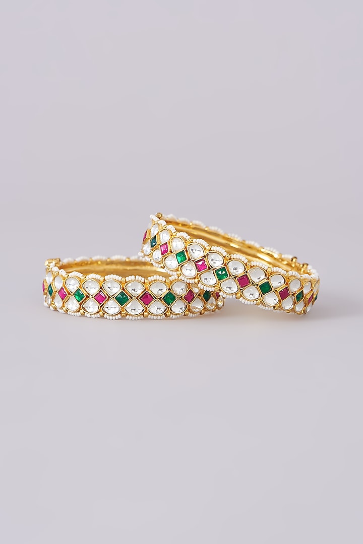 Gold Plated Jadau Kundan Polki Bangles (Set Of 2) by Shlok Jewels at Pernia's Pop Up Shop