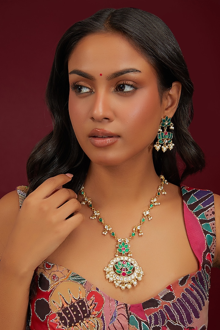 Gold Plated Jadau Kundan Polki Pendant Necklace Set by Shlok Jewels at Pernia's Pop Up Shop