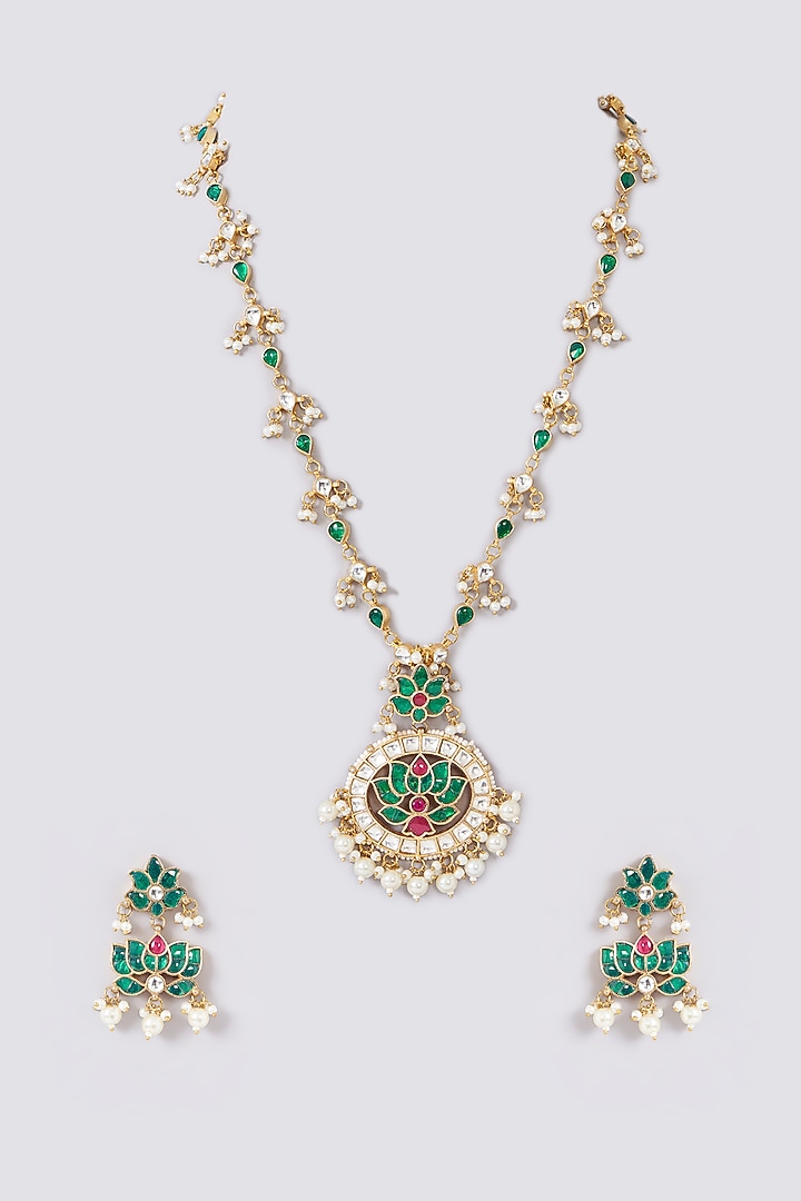 Gold Plated Jadau Kundan Polki Pendant Necklace Set by Shlok Jewels at Pernia's Pop Up Shop
