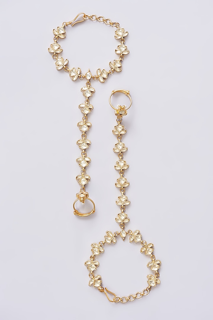 Gold Plated Jadau Kundan Polki Hathphools (Set of 2) by Shlok Jewels at Pernia's Pop Up Shop