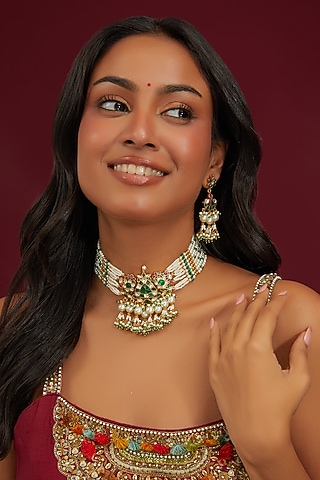 Gold Plated Jadau Kundan Polki Choker Necklace Set by Shlok Jewels
