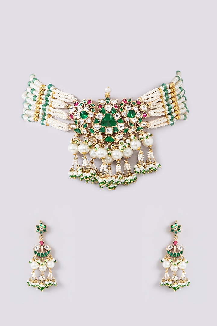 Gold Plated Jadau Kundan Polki Choker Necklace Set by Shlok Jewels at Pernia's Pop Up Shop