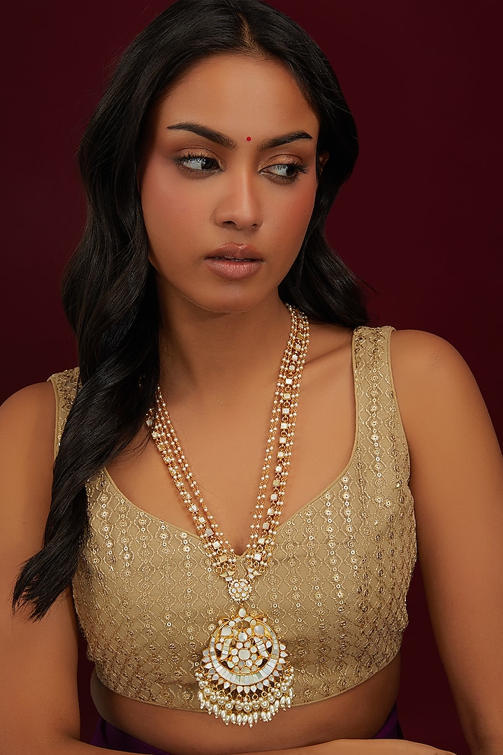 Gold Plated Jadau Kundan Polki Pendant Necklace by Shlok Jewels at Pernia's Pop Up Shop