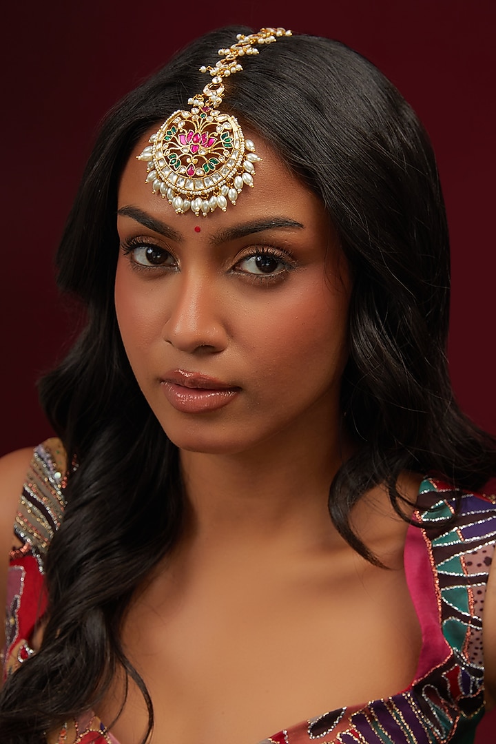 Gold Plated Jadau Kundan Polki Maangtikka by Shlok Jewels at Pernia's Pop Up Shop