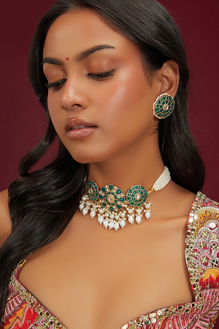 Gold Plated Jadau Kundan Polki Choker Necklace Set by Shlok Jewels at Pernia's Pop Up Shop