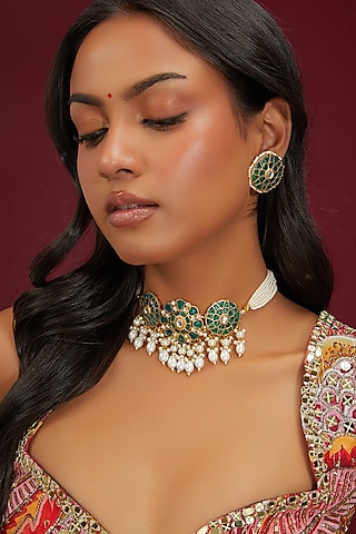 Gold Plated Jadau Kundan Polki Choker Necklace Set by Shlok Jewels