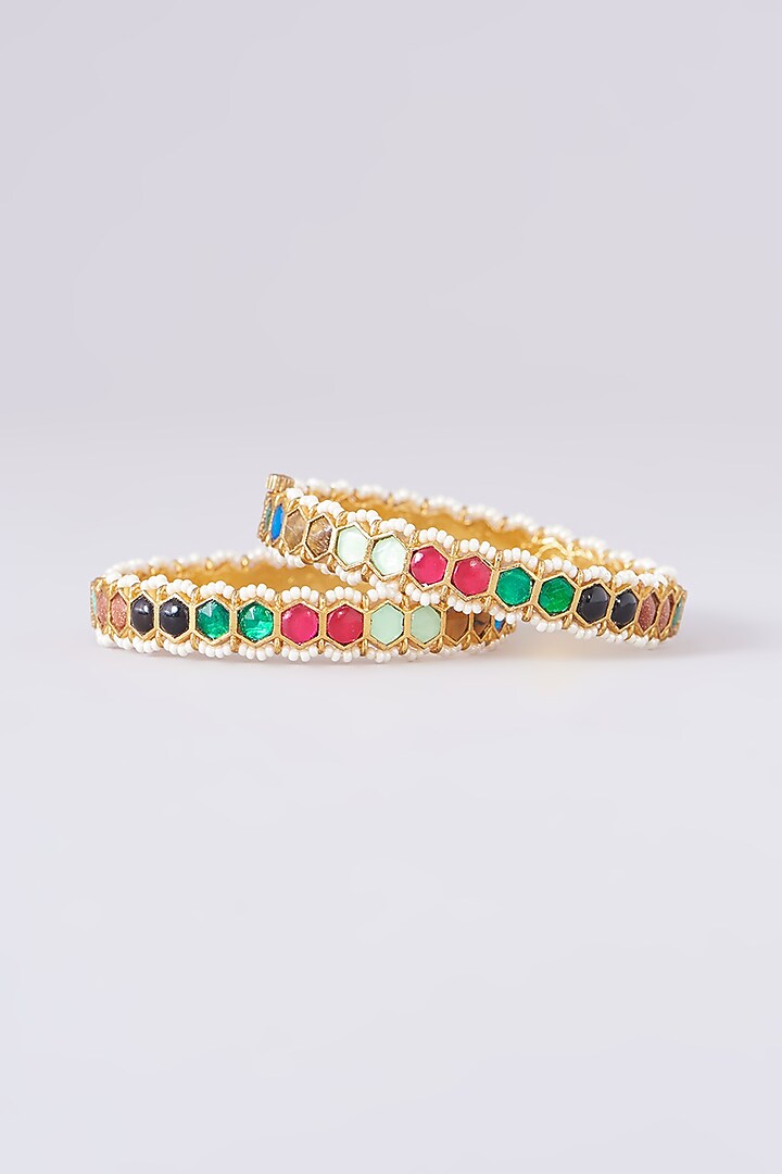 Gold Plated Jadau Kundan Polki Bangles (Set Of 2) by Shlok Jewels at Pernia's Pop Up Shop