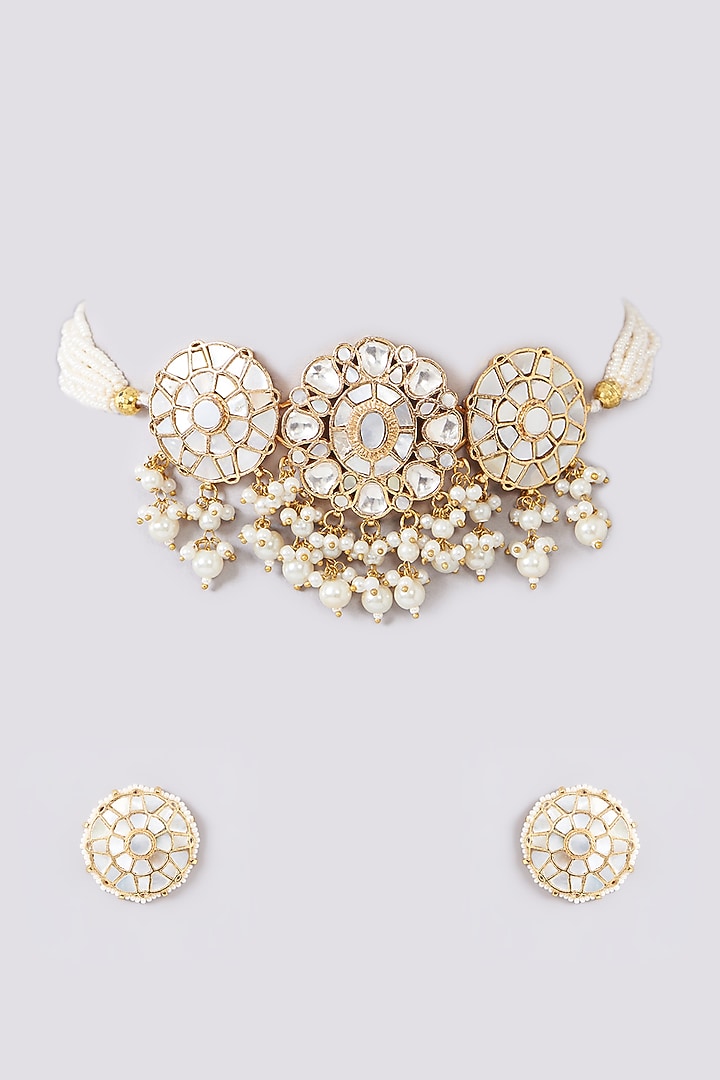 Gold Plated Mother Of Pearl Choker Necklace Set by Shlok Jewels at Pernia's Pop Up Shop