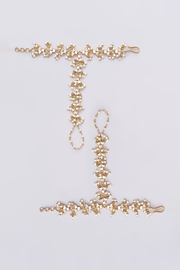 Gold Plated Mother Of Pearl Hathphools (Set of 2) by Shlok Jewels at Pernia's Pop Up Shop