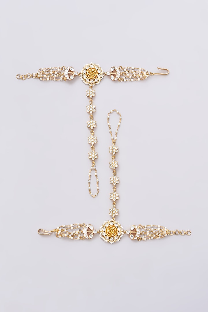 Gold Plated Jadau Kundan Polki Hathphools (Set of 2) by Shlok Jewels at Pernia's Pop Up Shop