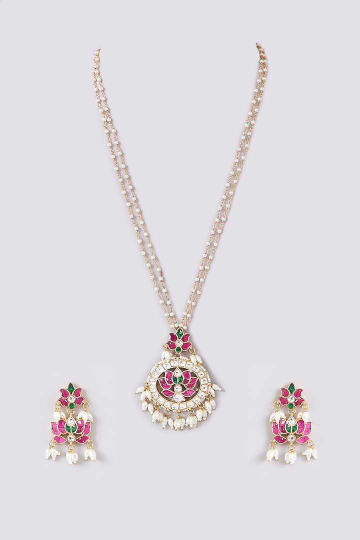 Gold Plated Jadau Kundan Polki Pendant Necklace Set by Shlok Jewels at Pernia's Pop Up Shop