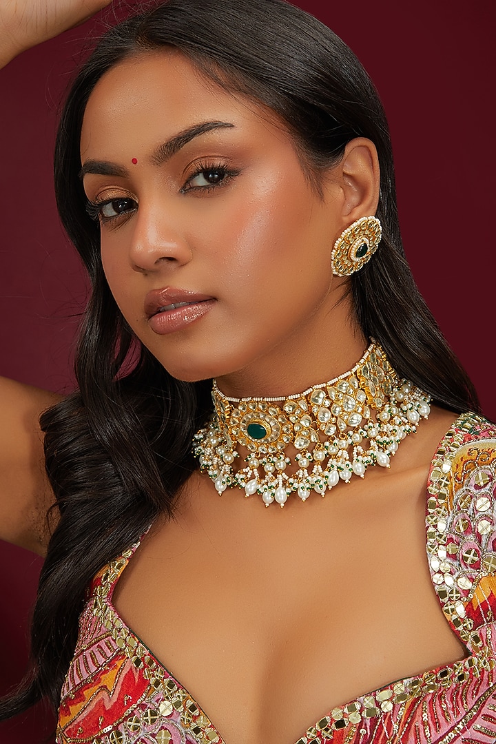 Gold Plated Jadau Kundan Polki Choker Necklace Set by Shlok Jewels at Pernia's Pop Up Shop