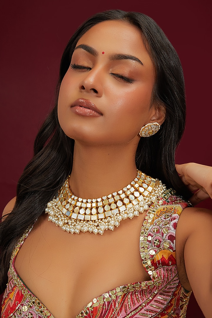 Gold Plated Mother Of Pearl Choker Necklace Set by Shlok Jewels at Pernia's Pop Up Shop
