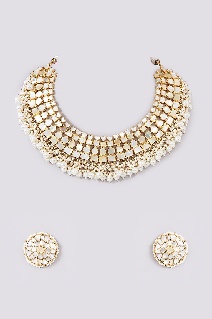 Gold Plated Mother Of Pearl Choker Necklace Set by Shlok Jewels at Pernia's Pop Up Shop
