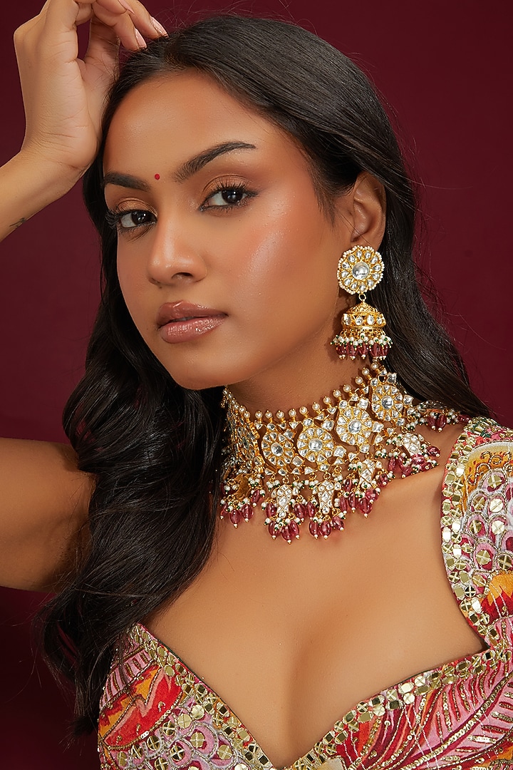 Gold Plated Jadau Kundan Polki Choker Necklace Set by Shlok Jewels at Pernia's Pop Up Shop