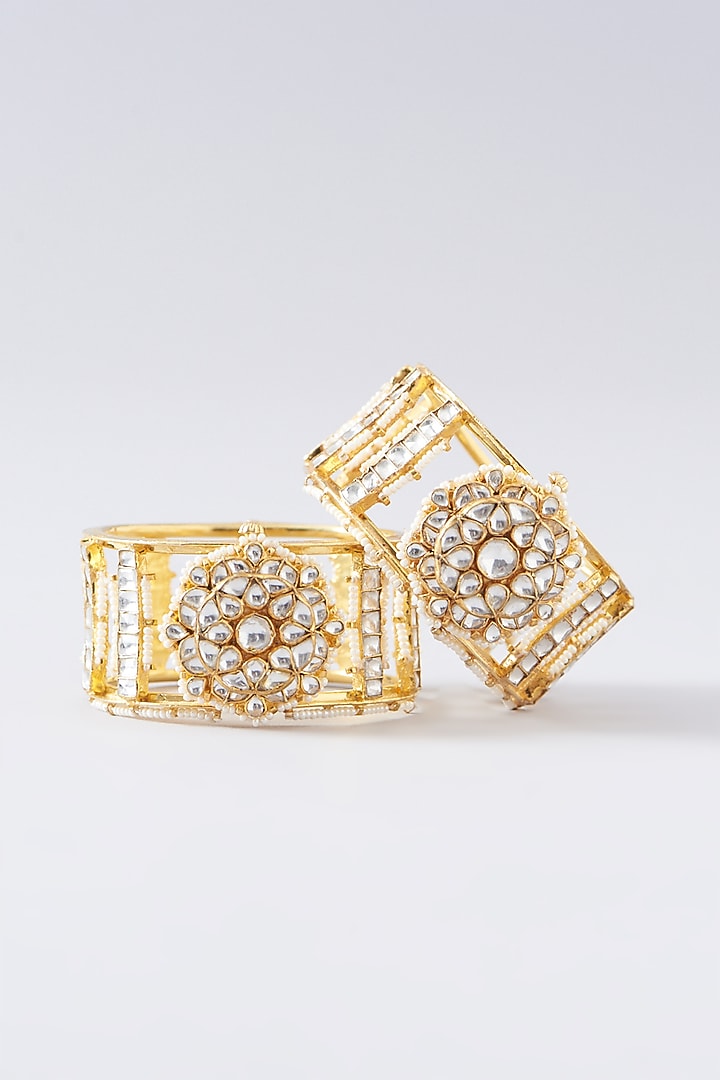 Gold Plated Kundan & Pearl Bangles (Set of 2) by Shlok Jewels at Pernia's Pop Up Shop