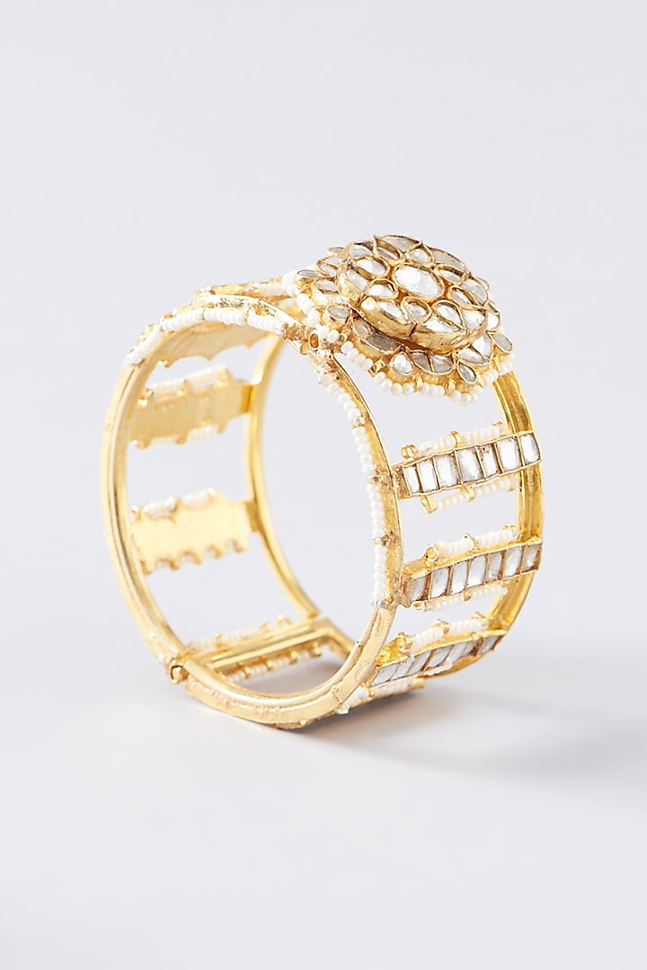 Gold Plated Kundan & Pearl Bangles (Set of 2) by Shlok Jewels at Pernia's Pop Up Shop