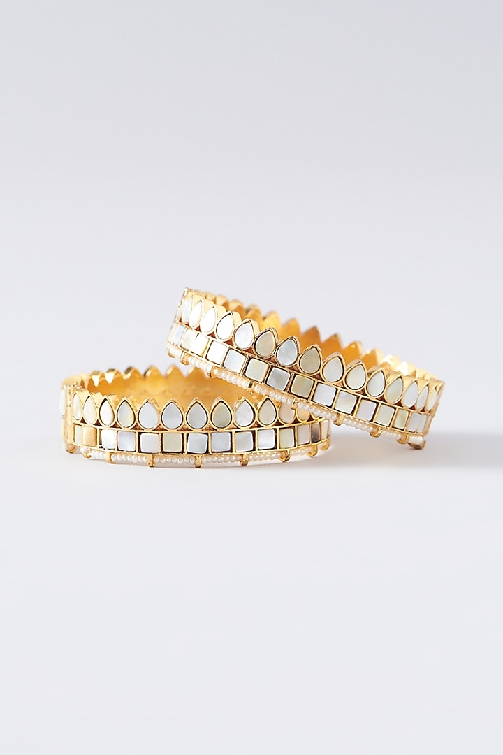 Gold Plated Kundan & Pearl Bangles (Set of 2) by Shlok Jewels at Pernia's Pop Up Shop