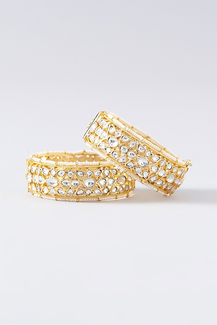 Gold Plated Kundan & Pearl Bangles (Set of 2) by Shlok Jewels at Pernia's Pop Up Shop