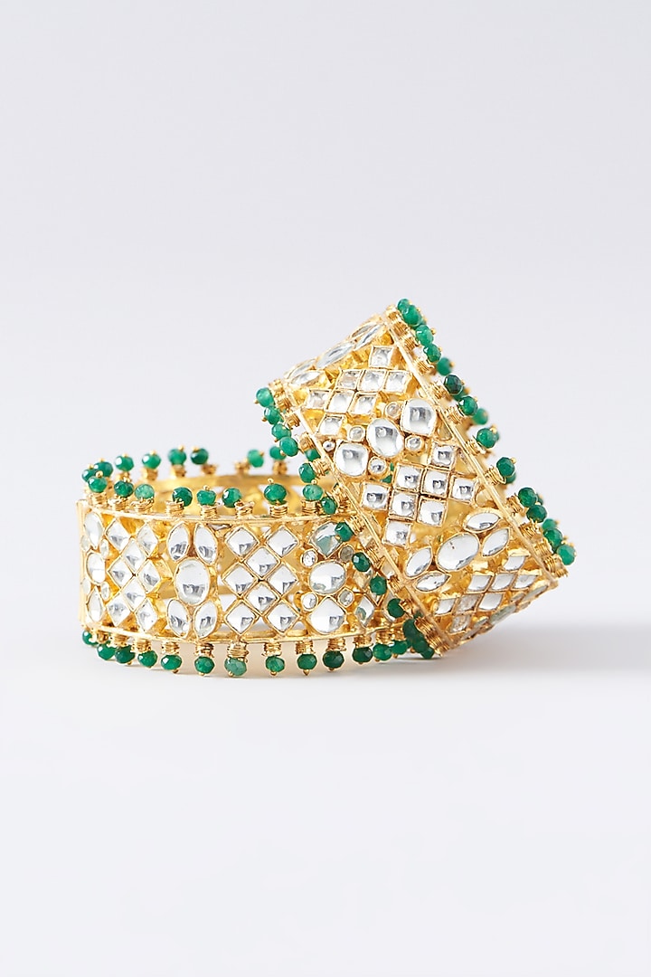 Gold Plated Kundan & Pearl Bangles (Set of 2) by Shlok Jewels at Pernia's Pop Up Shop