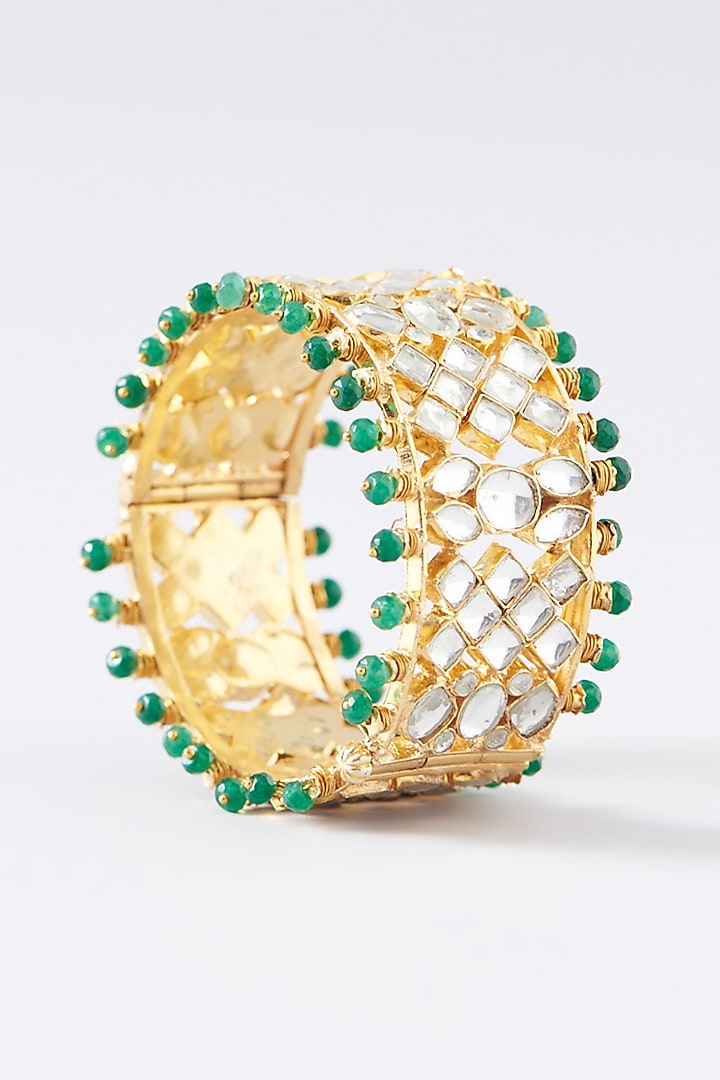 Gold Plated Kundan & Pearl Bangles (Set of 2) by Shlok Jewels at Pernia's Pop Up Shop