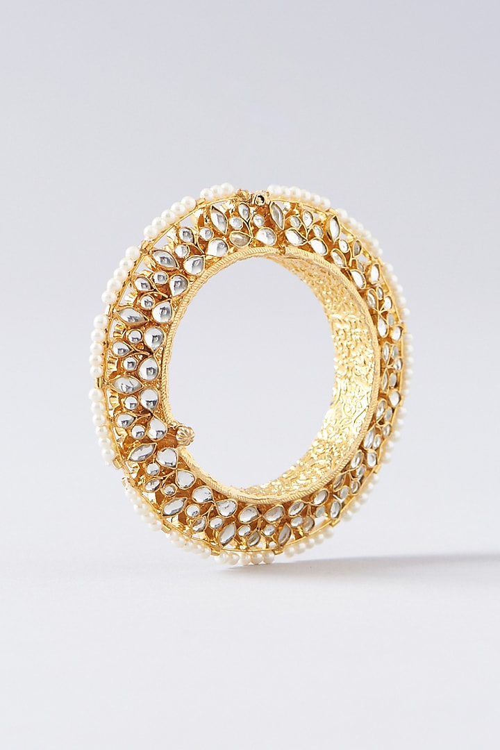 Gold Plated Kundan Polki & Pearl Bangles (Set of 2) by Shlok Jewels at Pernia's Pop Up Shop