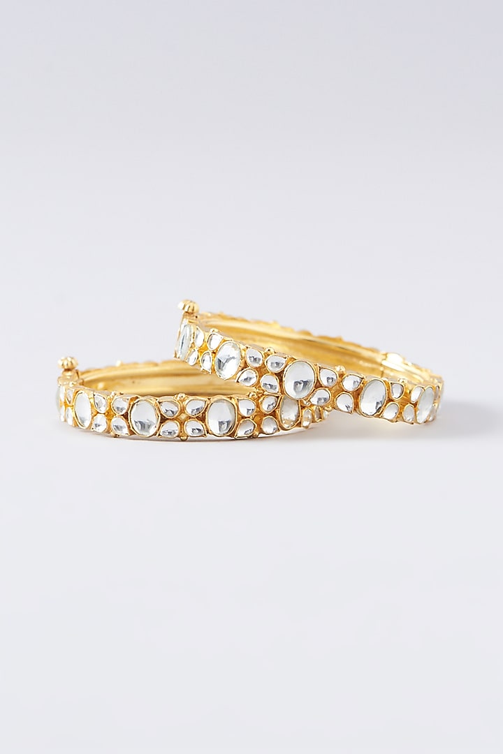Gold Plated Kundan Polki & Pearl Bangles (Set of 2) by Shlok Jewels at Pernia's Pop Up Shop