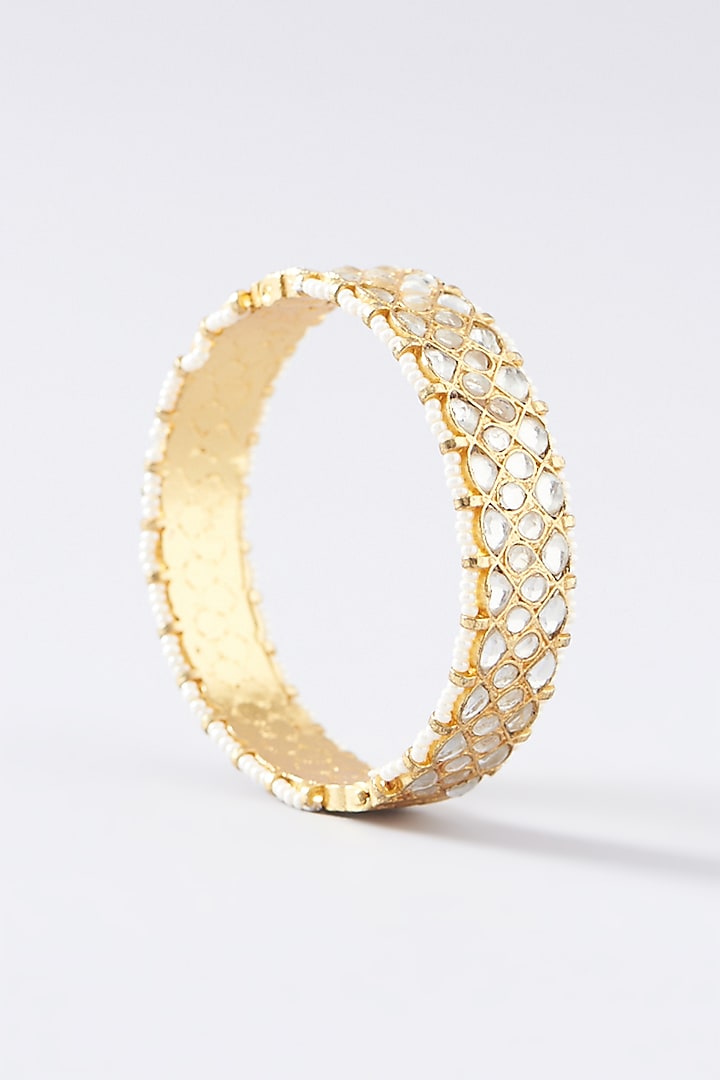 Gold Plated Kundan Polki & Pearl Bangles (Set of 2) by Shlok Jewels at Pernia's Pop Up Shop