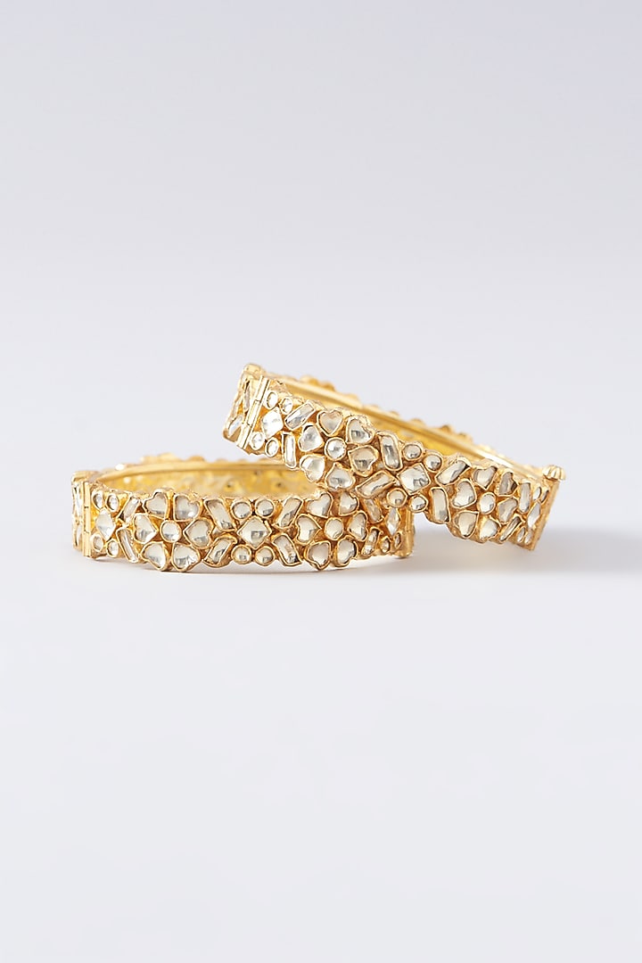 Gold Plated Kundan Polki & Pearl Bangles (Set of 2) by Shlok Jewels at Pernia's Pop Up Shop