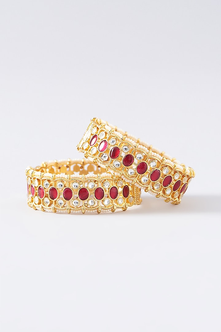 Gold Plated Kundan Polki & Pearl Bangles (Set of 2) by Shlok Jewels at Pernia's Pop Up Shop