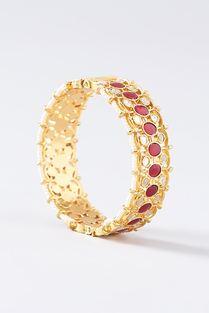 Gold Plated Kundan Polki & Pearl Bangles (Set of 2) by Shlok Jewels at Pernia's Pop Up Shop