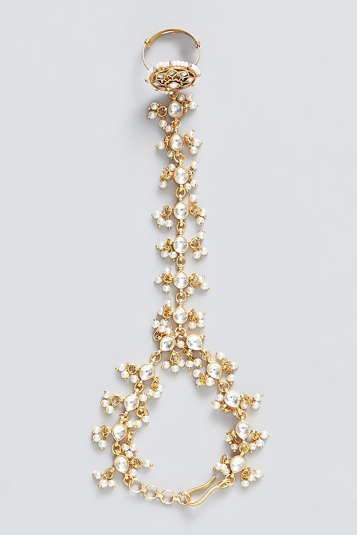 Gold Plated Kundan Polki & Pearl Hathphool (Set of 2) by Shlok Jewels at Pernia's Pop Up Shop