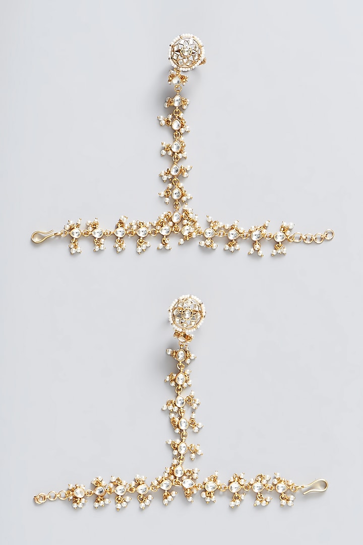 Gold Plated Kundan Polki & Pearl Hathphool (Set of 2) by Shlok Jewels at Pernia's Pop Up Shop