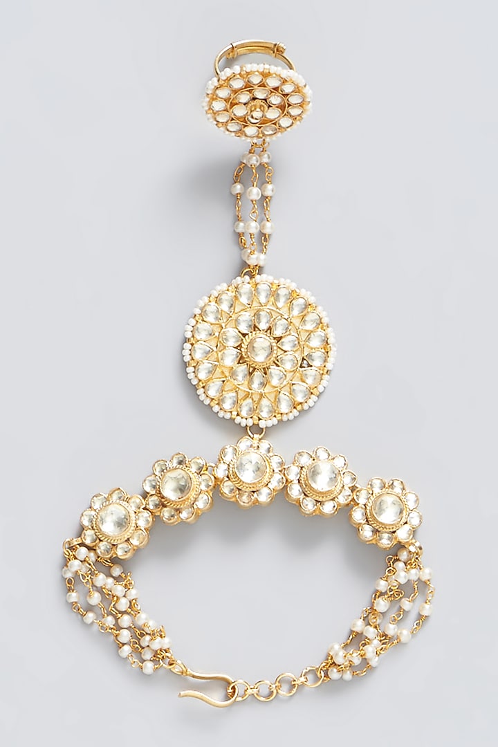 Gold Plated Kundan Polki & Pearl Hathphool (Set of 2) by Shlok Jewels at Pernia's Pop Up Shop