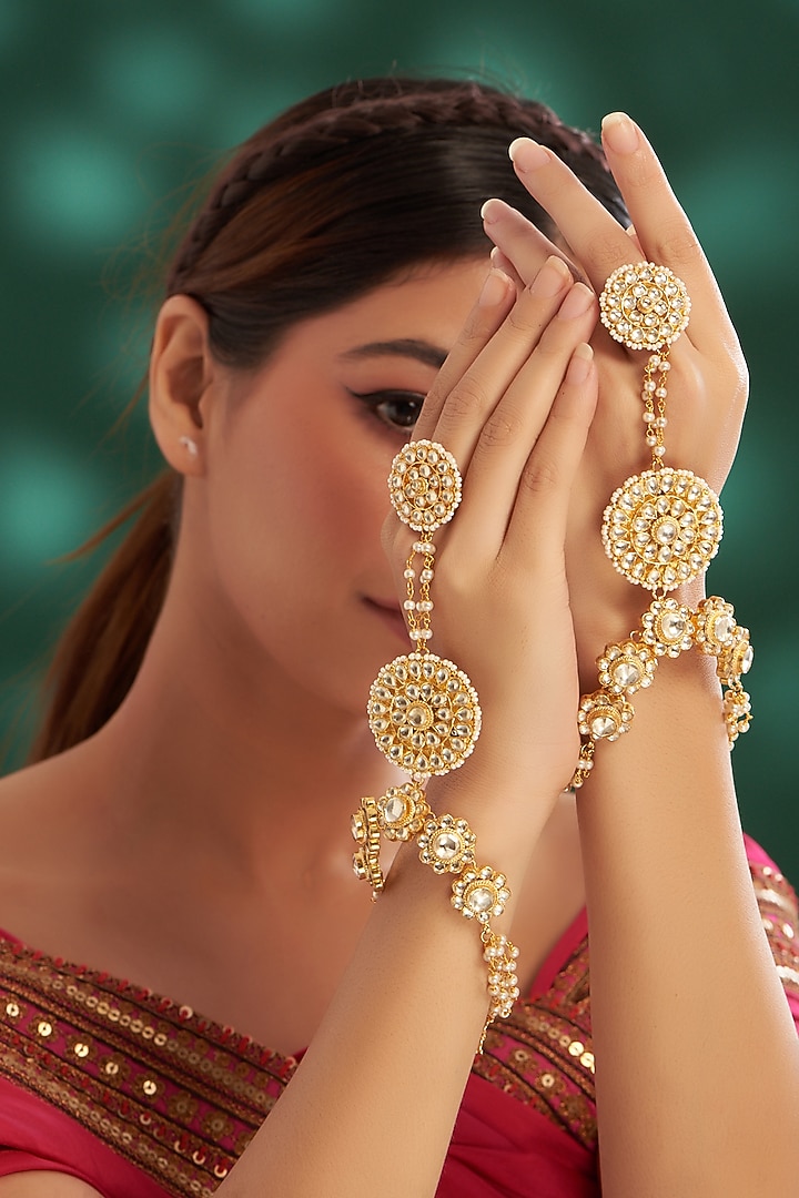 Gold Plated Kundan Polki & Pearl Hathphool (Set of 2) by Shlok Jewels at Pernia's Pop Up Shop