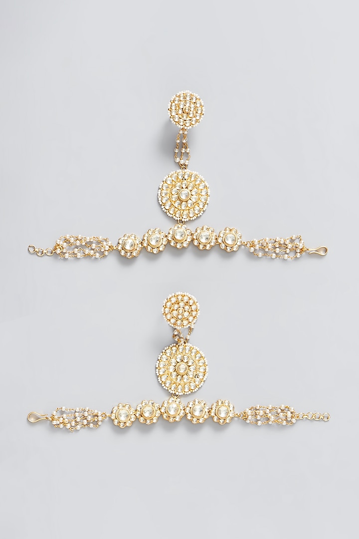 Gold Plated Kundan Polki & Pearl Hathphool (Set of 2) by Shlok Jewels at Pernia's Pop Up Shop