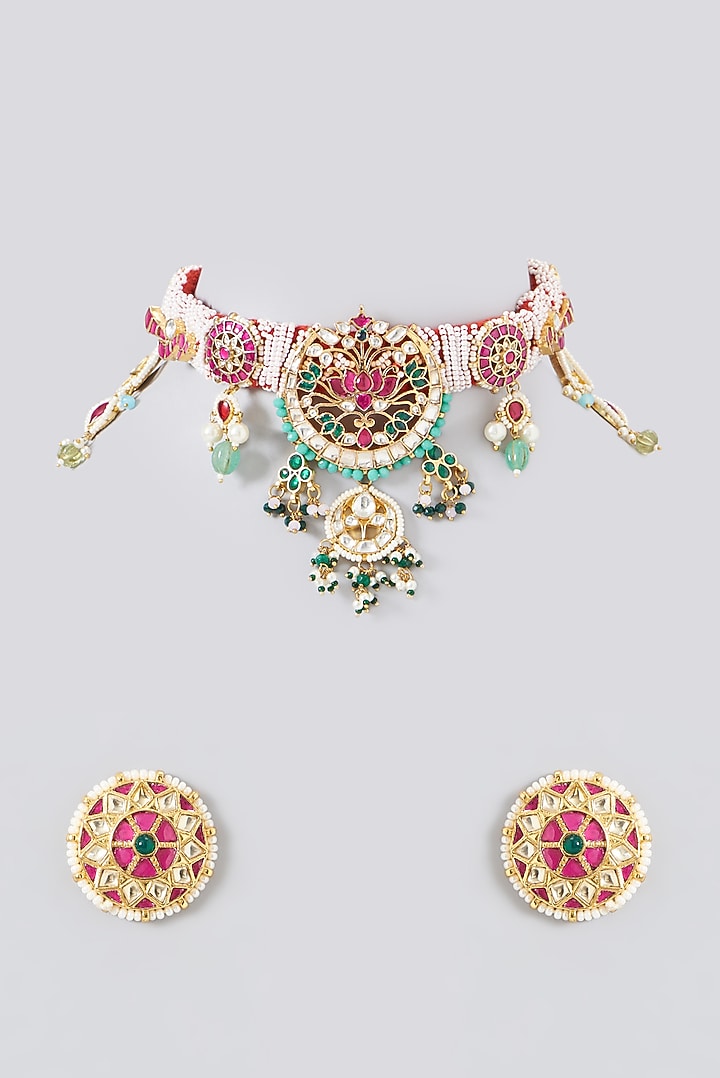 Gold Plated Kundan Polki & Semi-Precious Stone Choker Necklace Set by Shlok Jewels at Pernia's Pop Up Shop