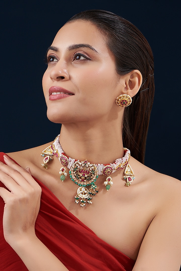 Gold Plated Kundan Polki & Semi-Precious Stone Choker Necklace Set by Shlok Jewels at Pernia's Pop Up Shop