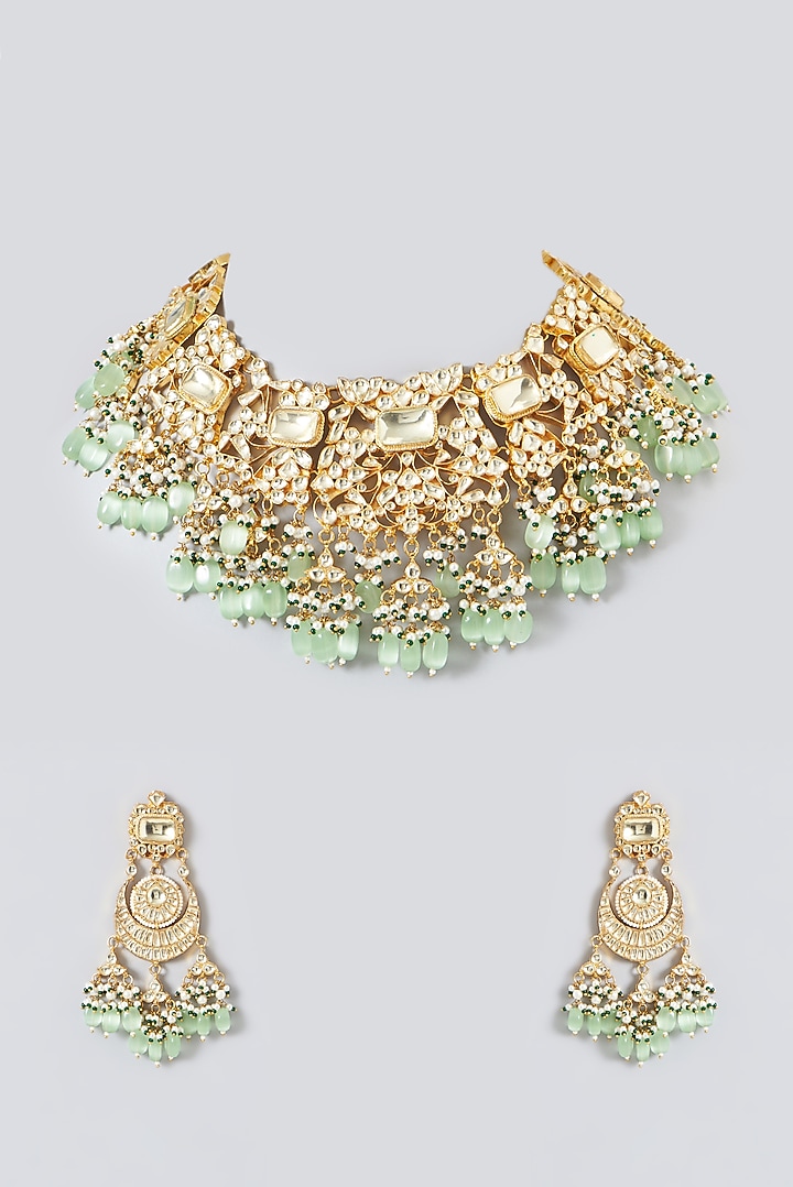 Gold Plated Mint Kundan Polki & Semi-Precious Stone Necklace Set by Shlok Jewels at Pernia's Pop Up Shop