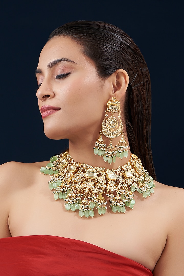 Gold Plated Mint Kundan Polki & Semi-Precious Stone Necklace Set by Shlok Jewels at Pernia's Pop Up Shop