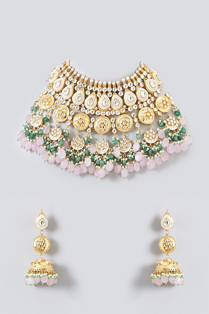 Gold Plated Pink Kundan Polki & Semi-Precious Stone Necklace Set by Shlok Jewels at Pernia's Pop Up Shop