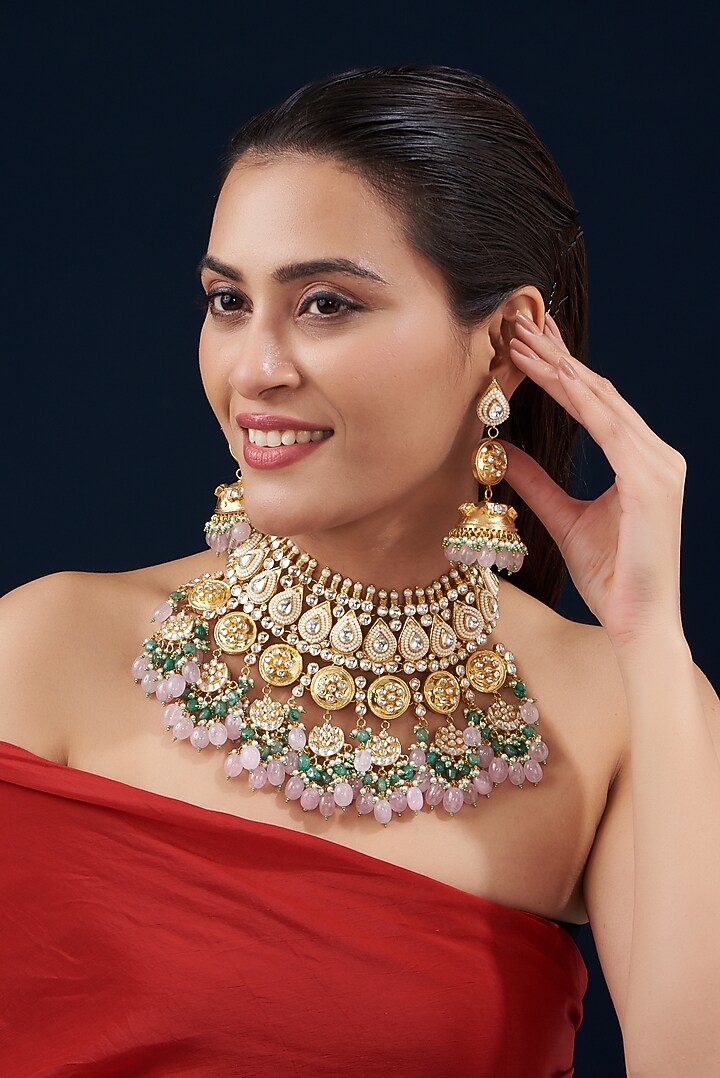 Gold Plated Pink Kundan Polki & Semi-Precious Stone Necklace Set by Shlok Jewels at Pernia's Pop Up Shop